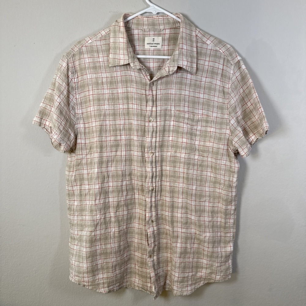 Mutual‎ Weave Mens Large Red Plaid Short Sleeve Button up Linen Cotton Fall
